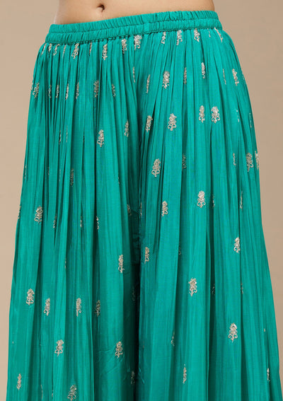 Sea Green Zariwork (Gold) Chinon Readymade Salwar Suit-koskii