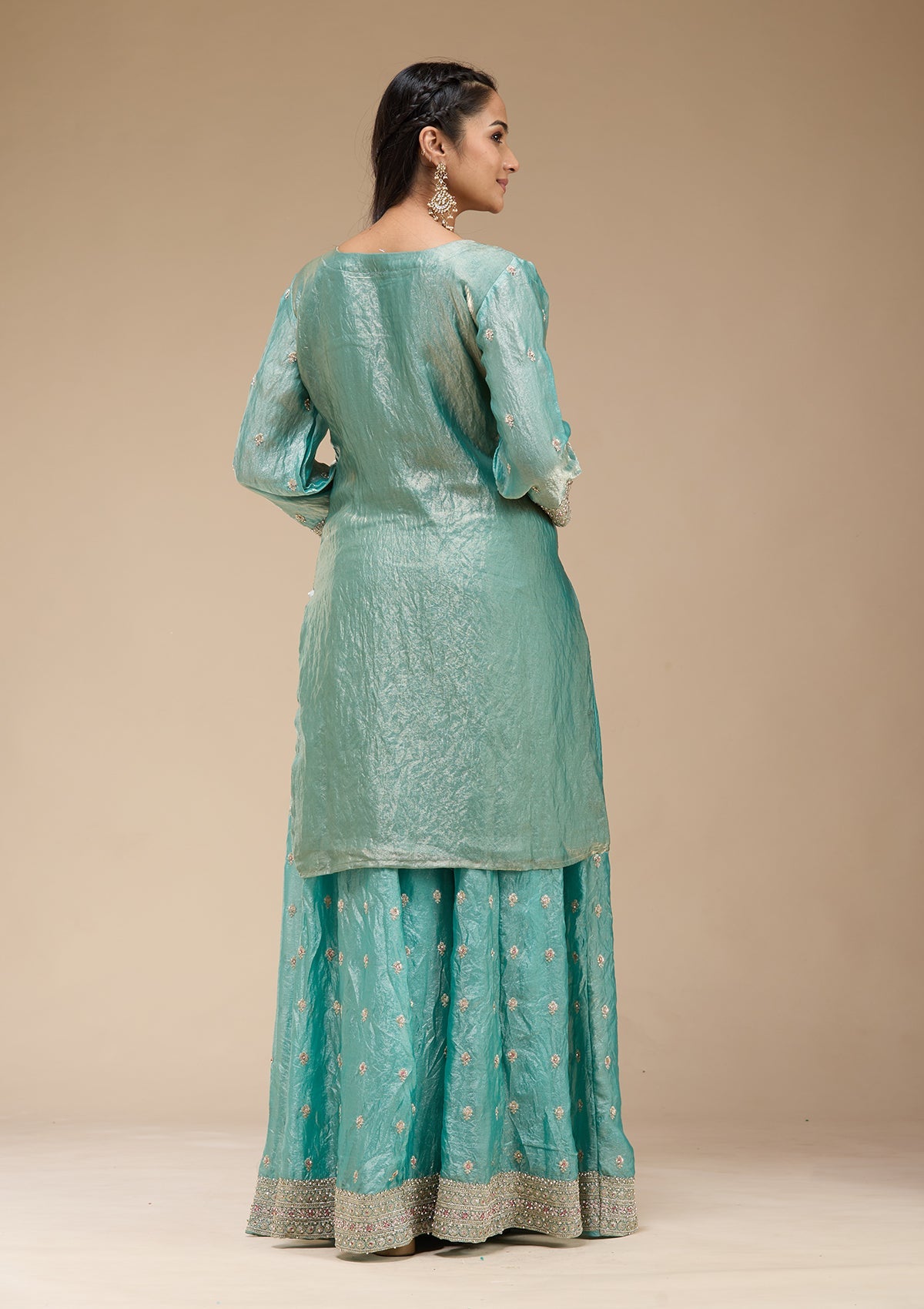 Sky Blue Zariwork (Gold) Tissue Readymade Salwar Suit-koskii