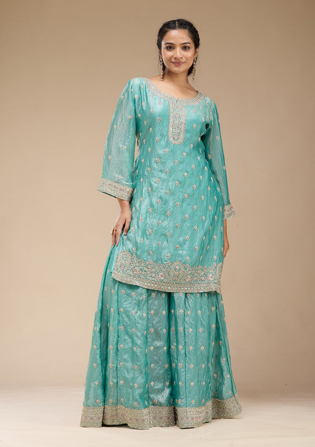 Sky Blue Zariwork (Gold) Tissue Readymade Salwar Suit-koskii