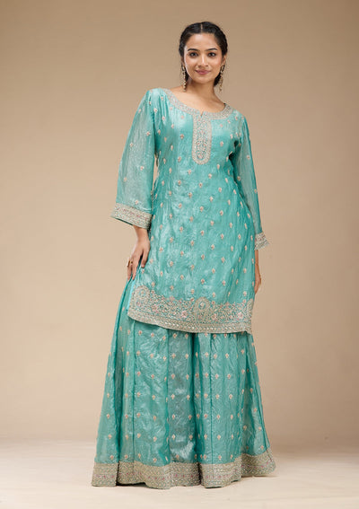Sky Blue Zariwork (Gold) Tissue Readymade Salwar Suit-koskii