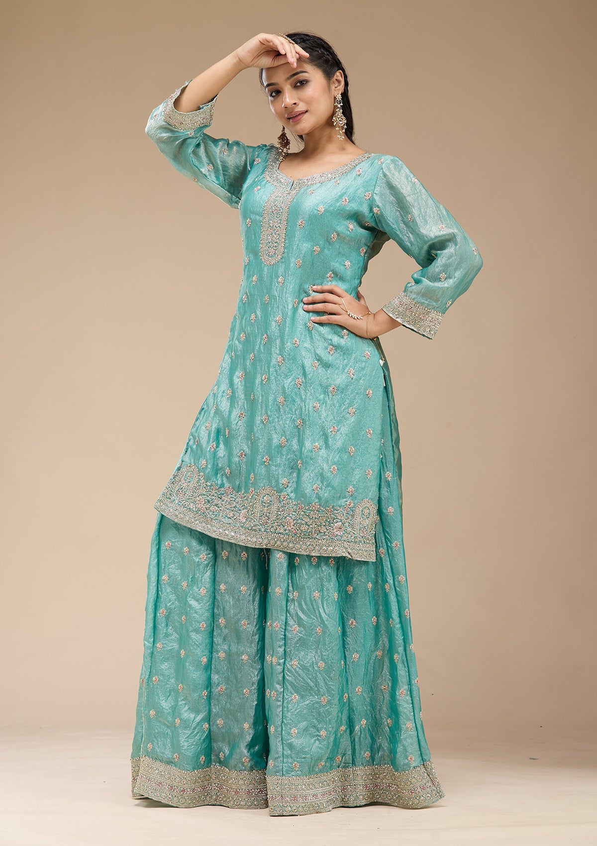 Sky Blue Zariwork (Gold) Tissue Readymade Salwar Suit-koskii