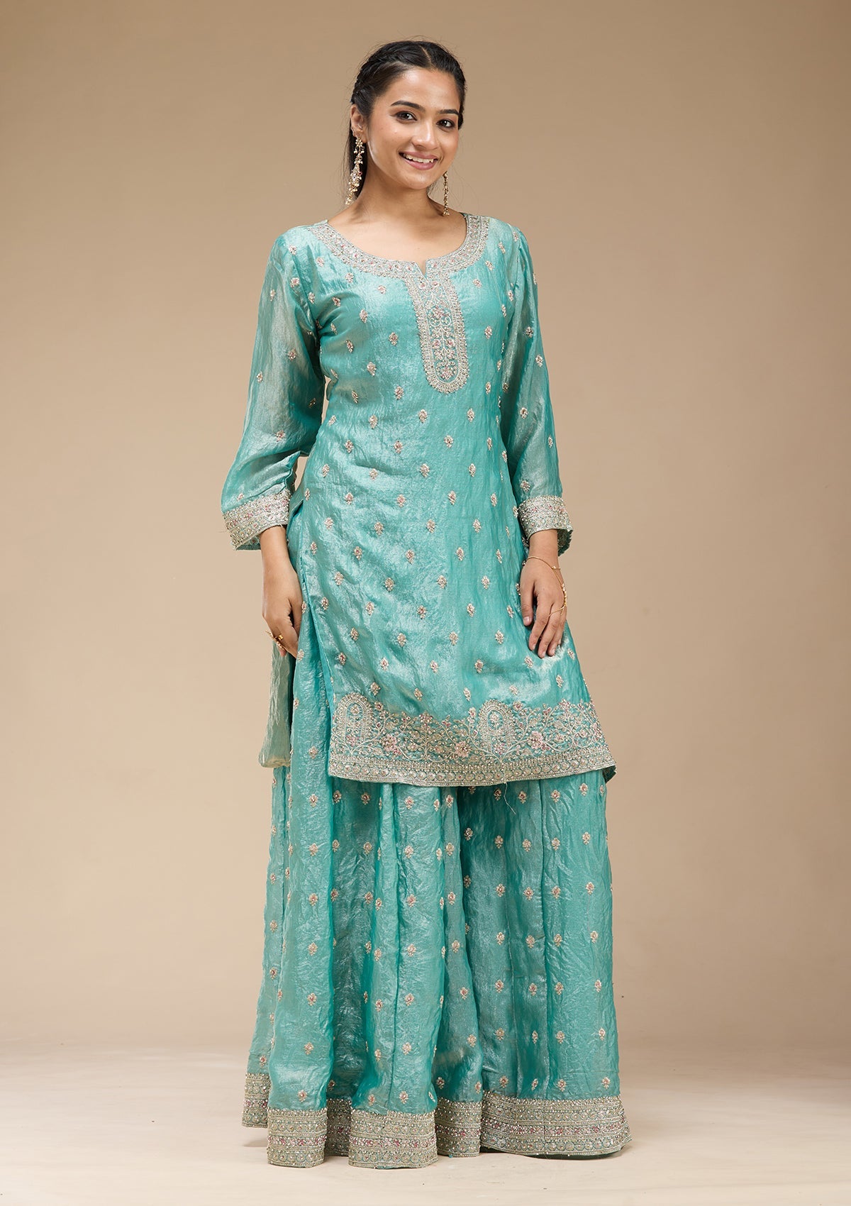 Sky Blue Zariwork (Gold) Tissue Readymade Salwar Suit-koskii