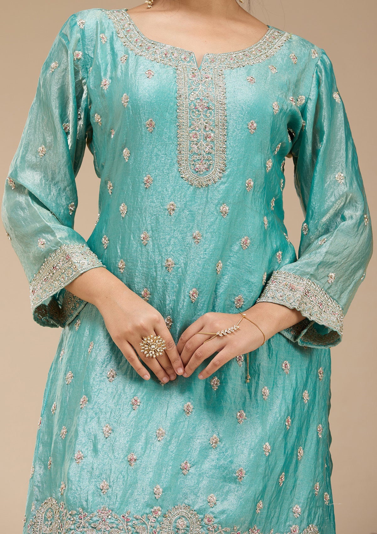 Sky Blue Zariwork (Gold) Tissue Readymade Salwar Suit-koskii