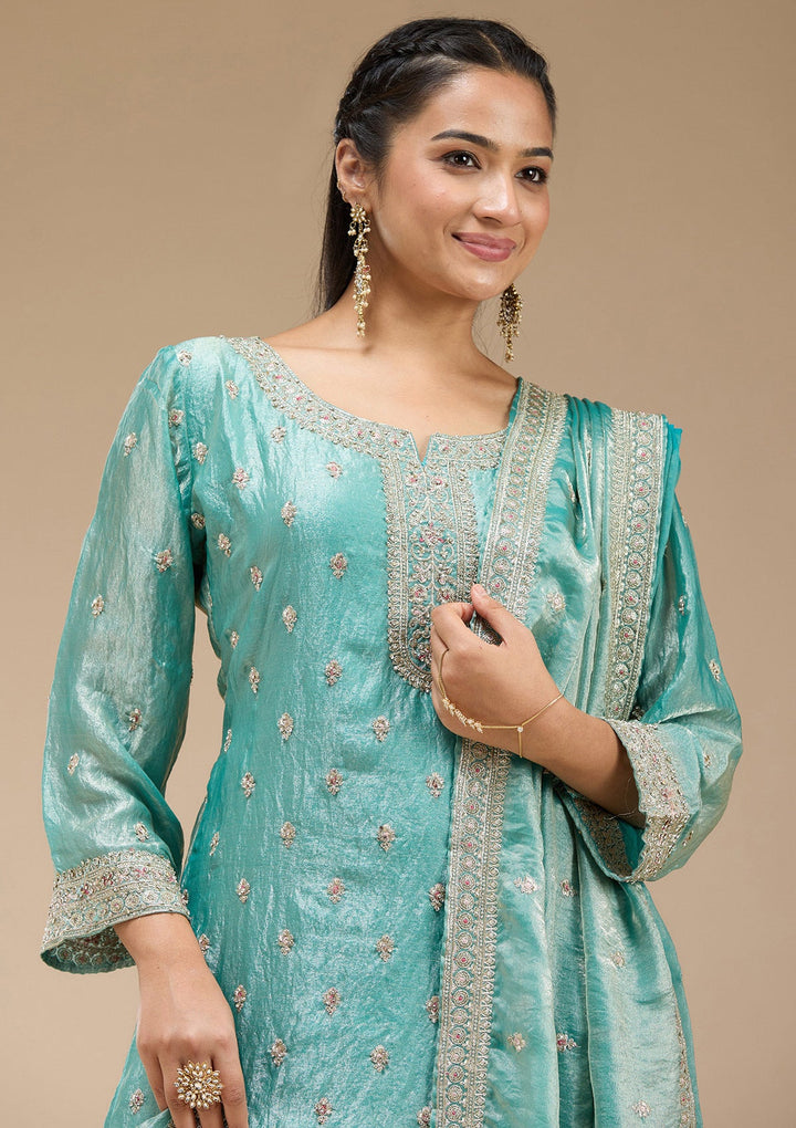 Sky Blue Zariwork (Gold) Tissue Readymade Salwar Suit-koskii