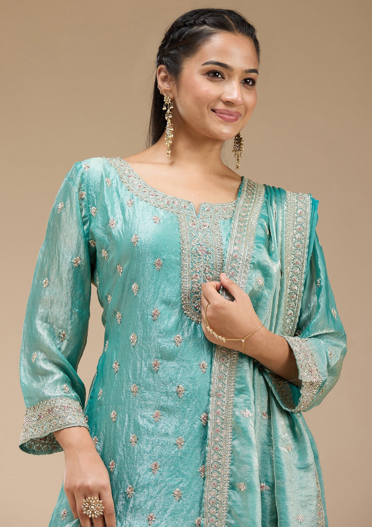 Sky Blue Zariwork (Gold) Tissue Readymade Salwar Suit-koskii