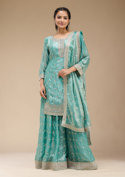 Sky Blue Zariwork (Gold) Tissue Readymade Salwar Suit-koskii