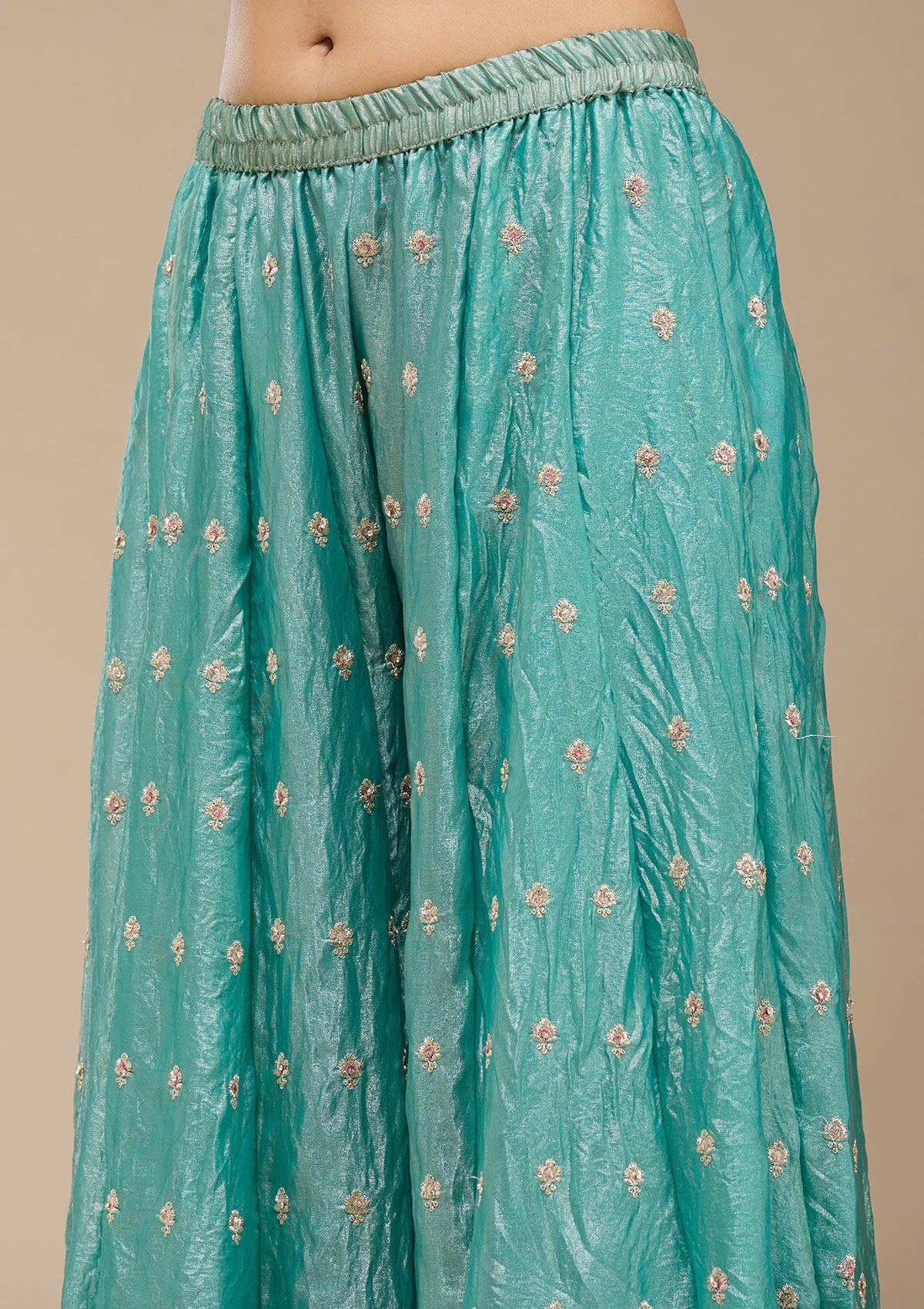 Sky Blue Zariwork (Gold) Tissue Readymade Salwar Suit-koskii