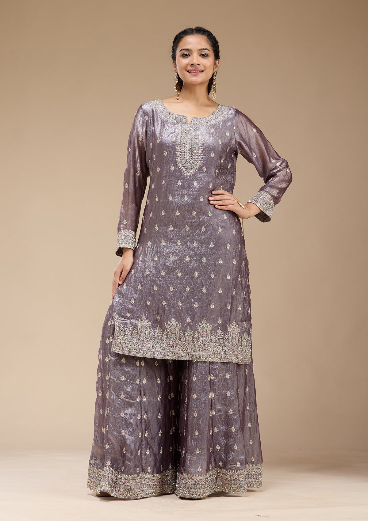Dark Lavender Zariwork (Gold) Tissue Readymade Salwar Suit-koskii