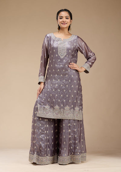 Dark Lavender Zariwork (Gold) Tissue Readymade Salwar Suit-koskii