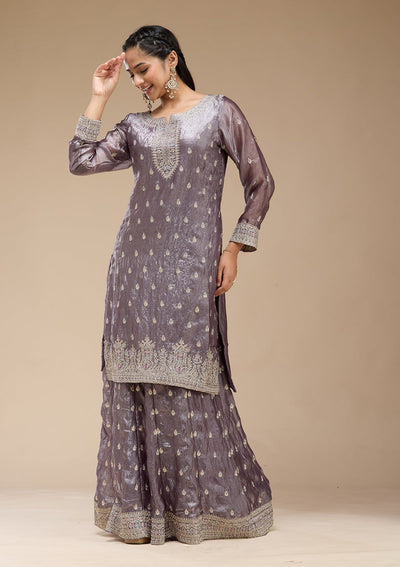 Dark Lavender Zariwork (Gold) Tissue Readymade Salwar Suit-koskii