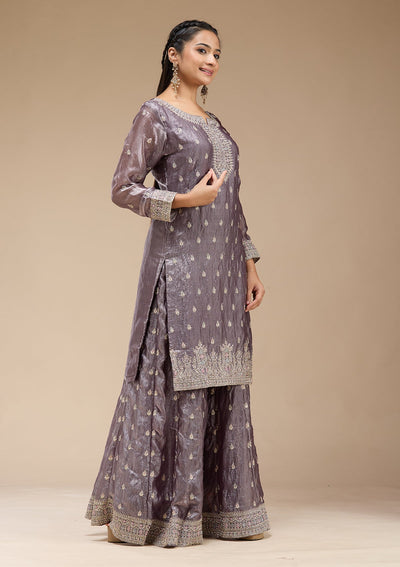 Dark Lavender Zariwork (Gold) Tissue Readymade Salwar Suit-koskii