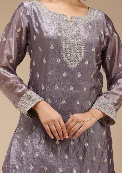 Dark Lavender Zariwork (Gold) Tissue Readymade Salwar Suit-koskii