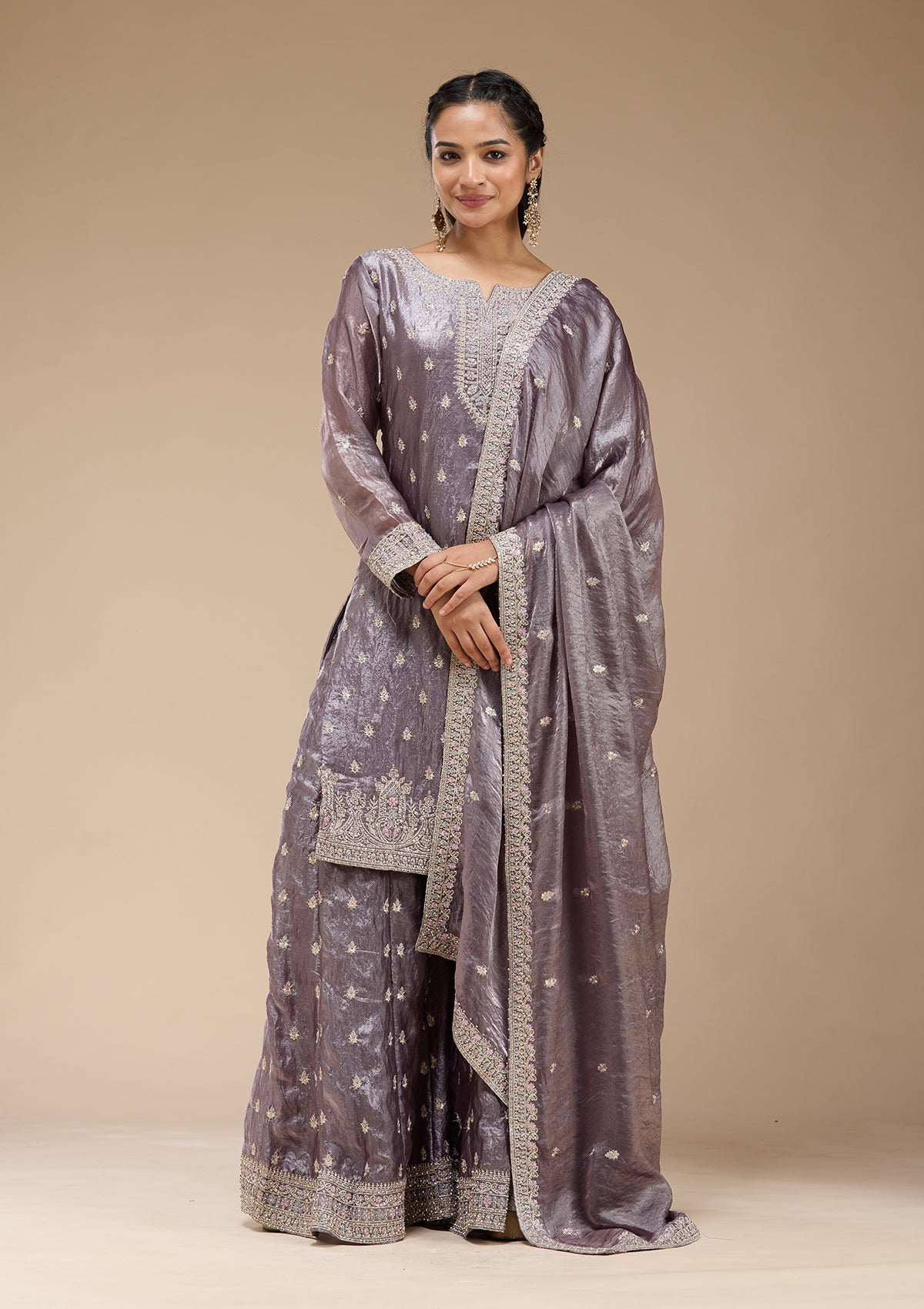 Dark Lavender Zariwork (Gold) Tissue Readymade Salwar Suit-koskii