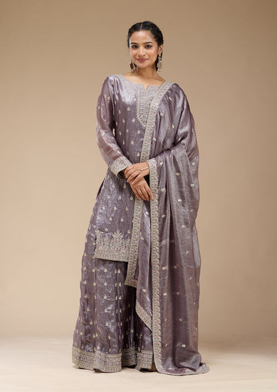 Dark Lavender Zariwork (Gold) Tissue Readymade Salwar Suit-koskii
