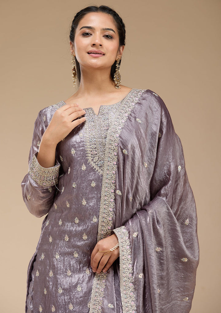 Dark Lavender Zariwork (Gold) Tissue Readymade Salwar Suit-koskii