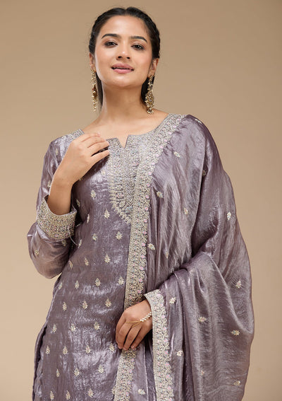Dark Lavender Zariwork (Gold) Tissue Readymade Salwar Suit-koskii