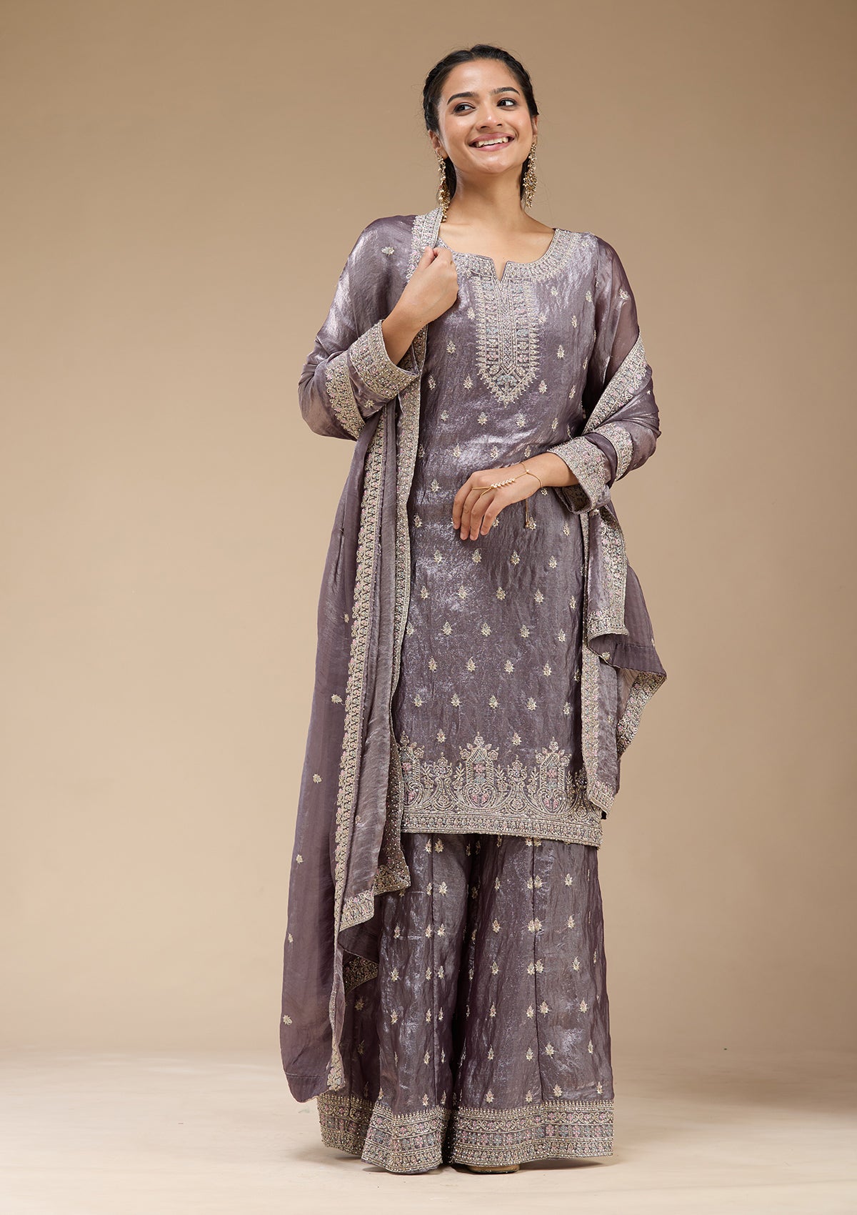 Dark Lavender Zariwork (Gold) Tissue Readymade Salwar Suit-koskii