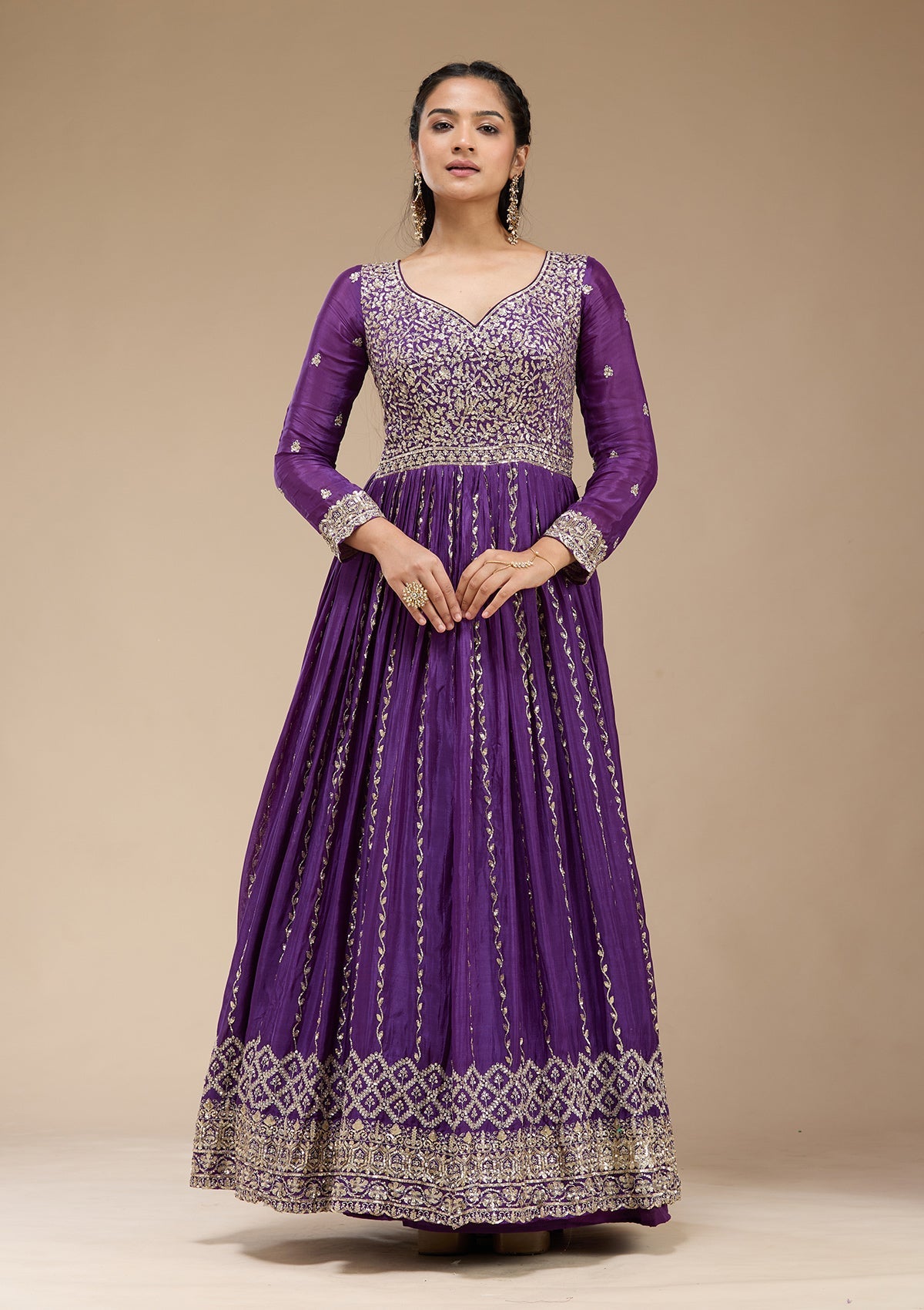 Purple Sequins Crepe Readymade Salwar Suit_koskii