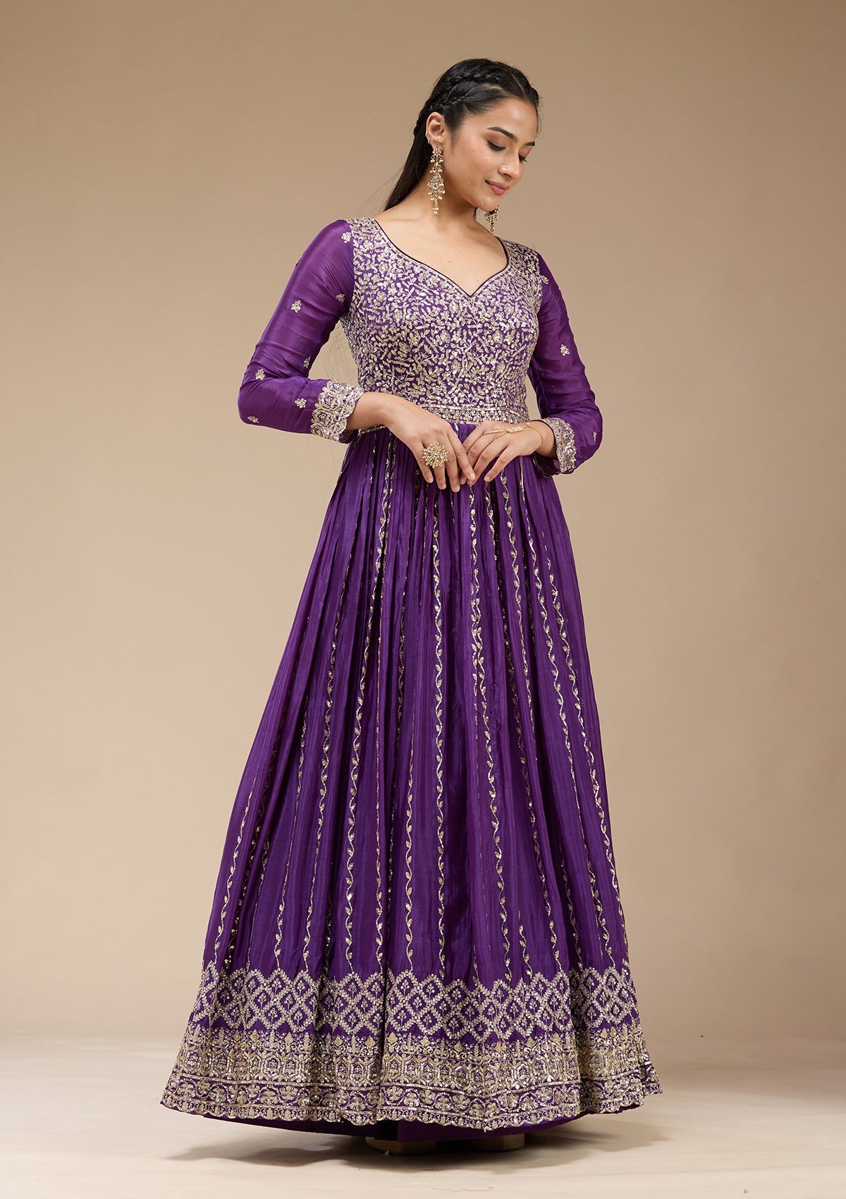 Purple Sequins Crepe Readymade Salwar Suit_koskii