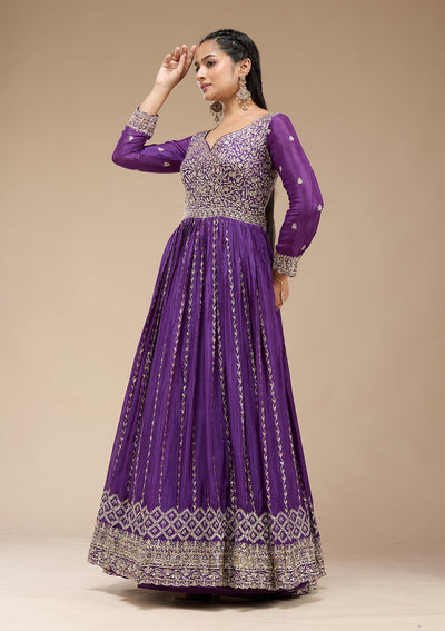 Purple Sequins Crepe Readymade Salwar Suit_koskii