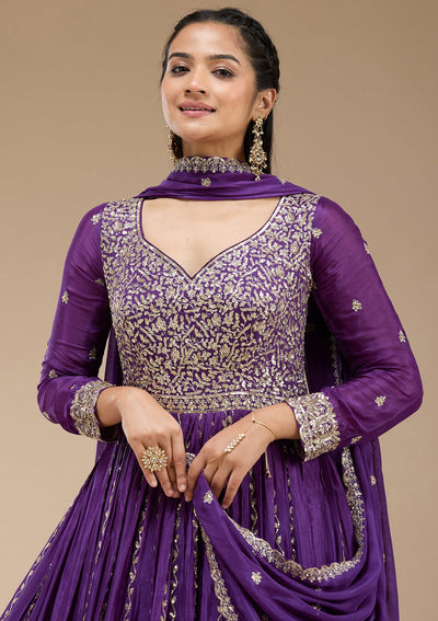 Purple Sequins Crepe Readymade Salwar Suit_koskii