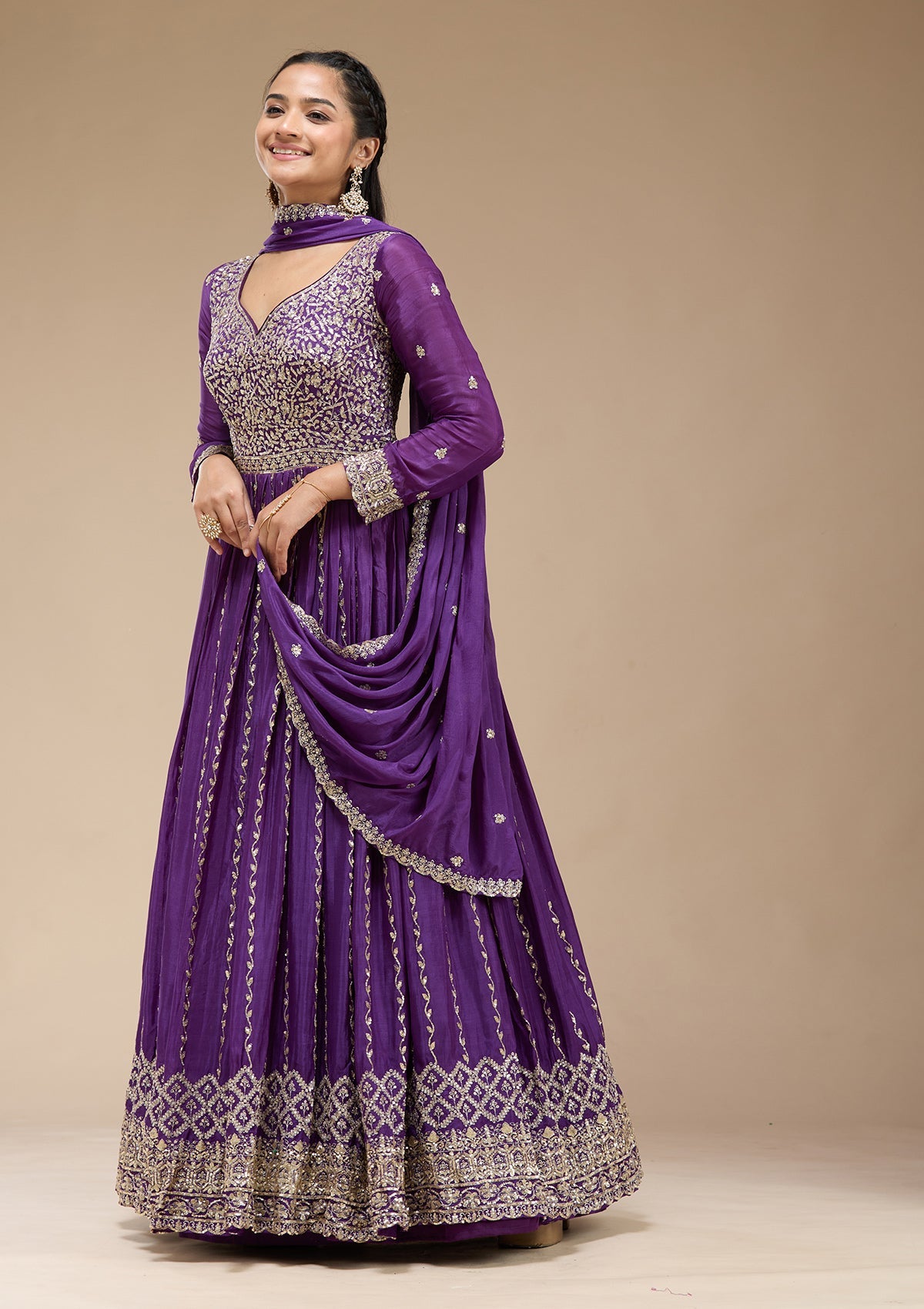 Purple Sequins Crepe Readymade Salwar Suit_koskii