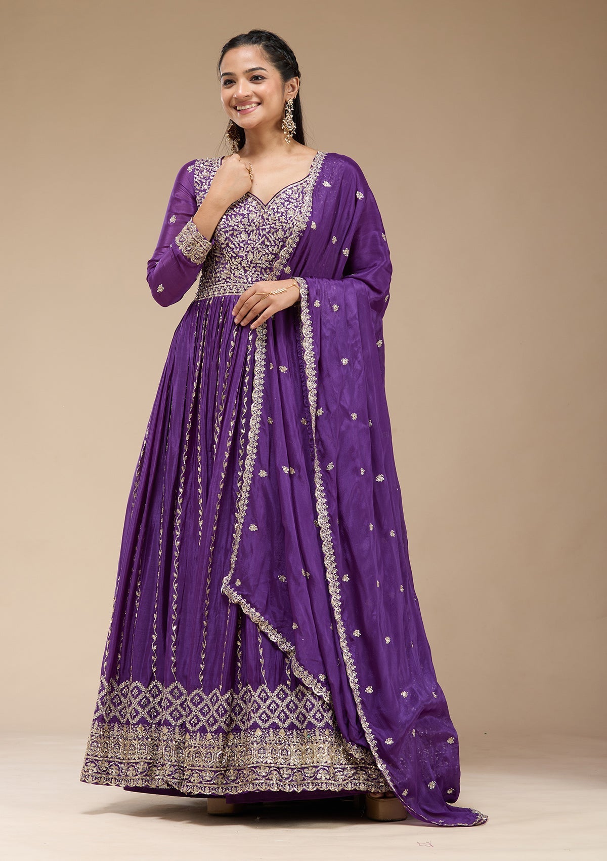Purple Sequins Crepe Readymade Salwar Suit_koskii