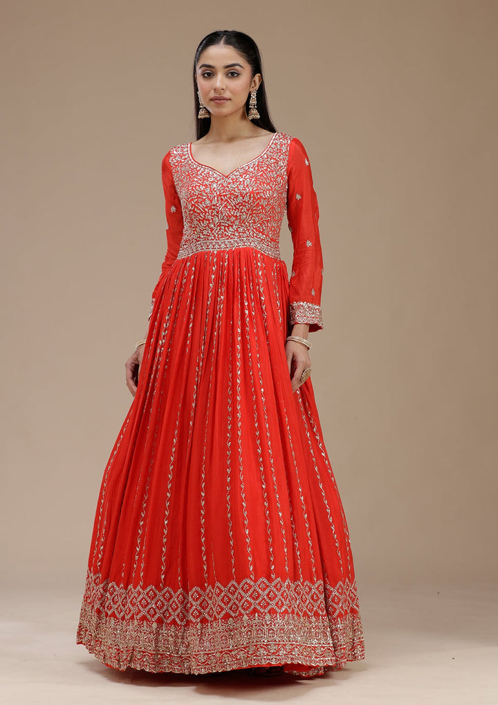 Red Sequins Crepe Readymade Salwar Suit_koskii