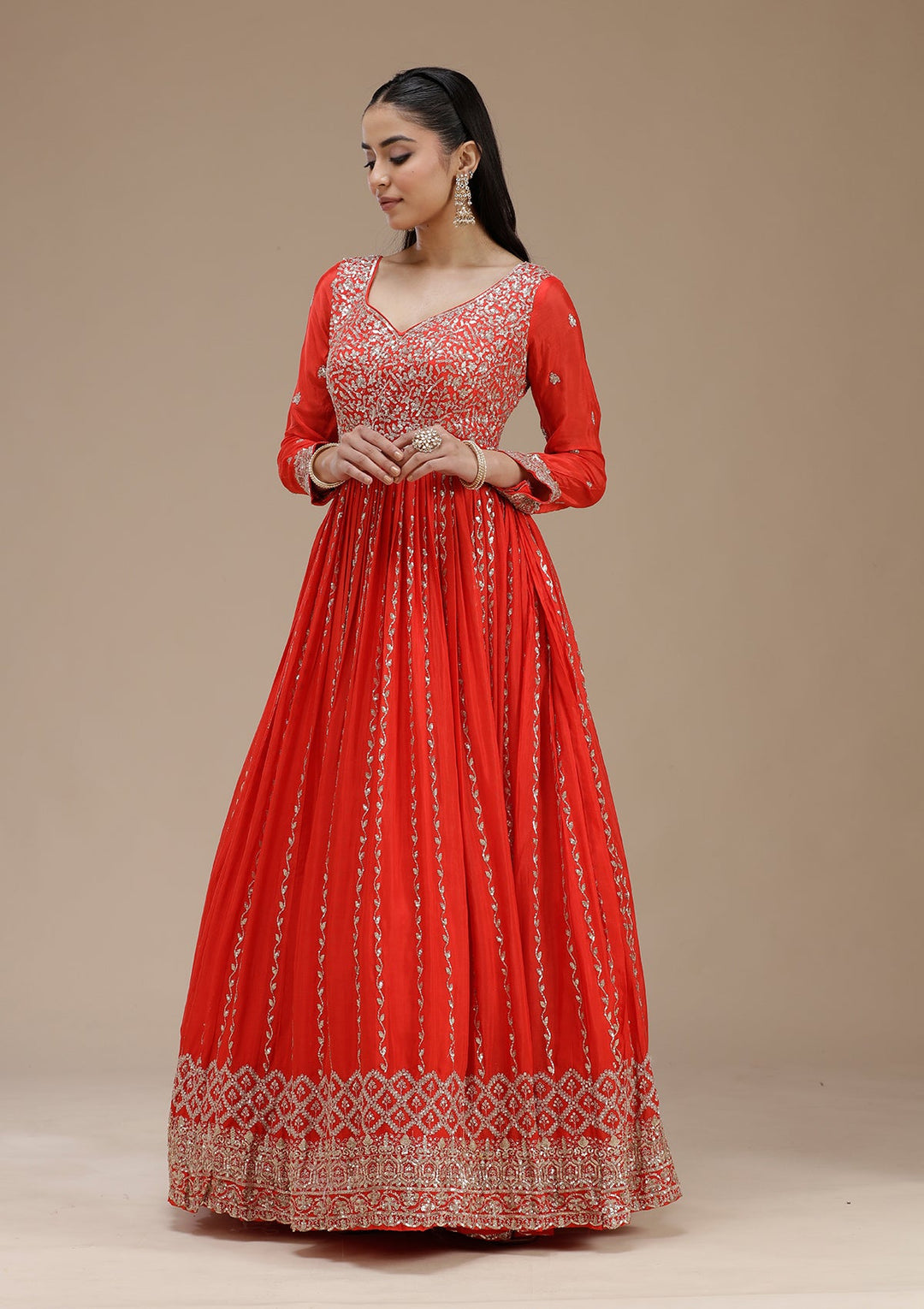 Red Sequins Crepe Readymade Salwar Suit_koskii