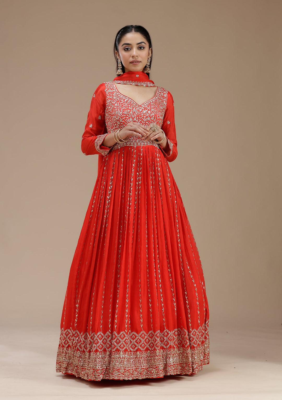 Red Sequins Crepe Readymade Salwar Suit_koskii