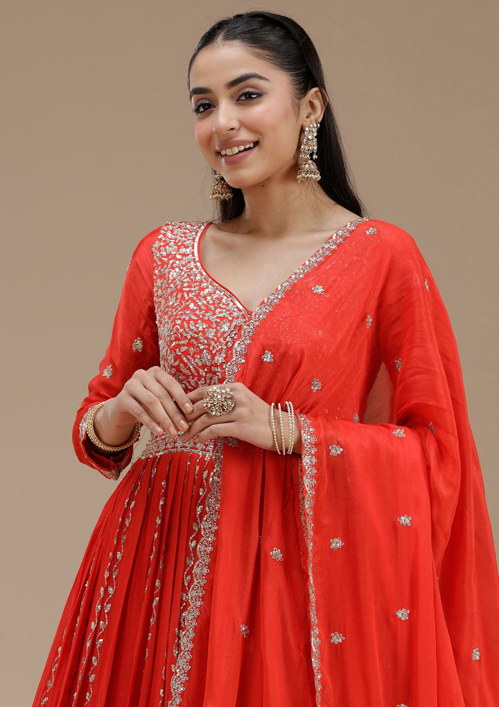 Red Sequins Crepe Readymade Salwar Suit_koskii