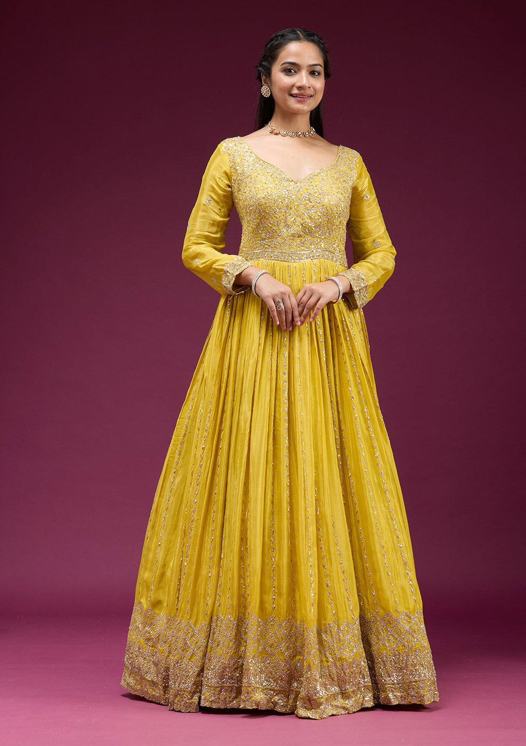 Yellow Sequins Crepe Readymade Salwar Suit_koskii