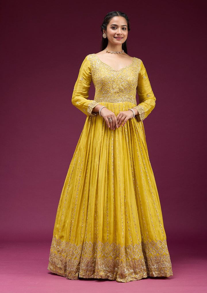 Yellow Sequins Crepe Readymade Salwar Suit_koskii