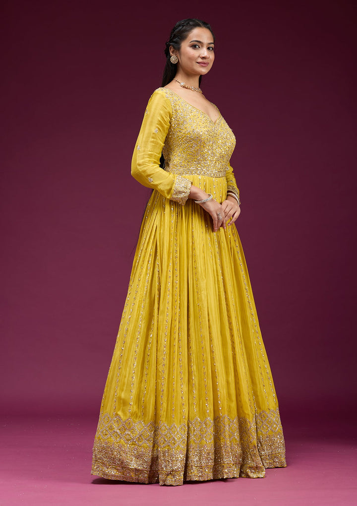Yellow Sequins Crepe Readymade Salwar Suit_koskii