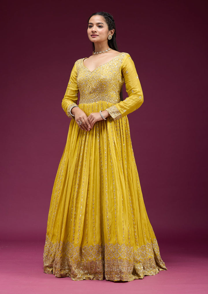 Yellow Sequins Crepe Readymade Salwar Suit_koskii