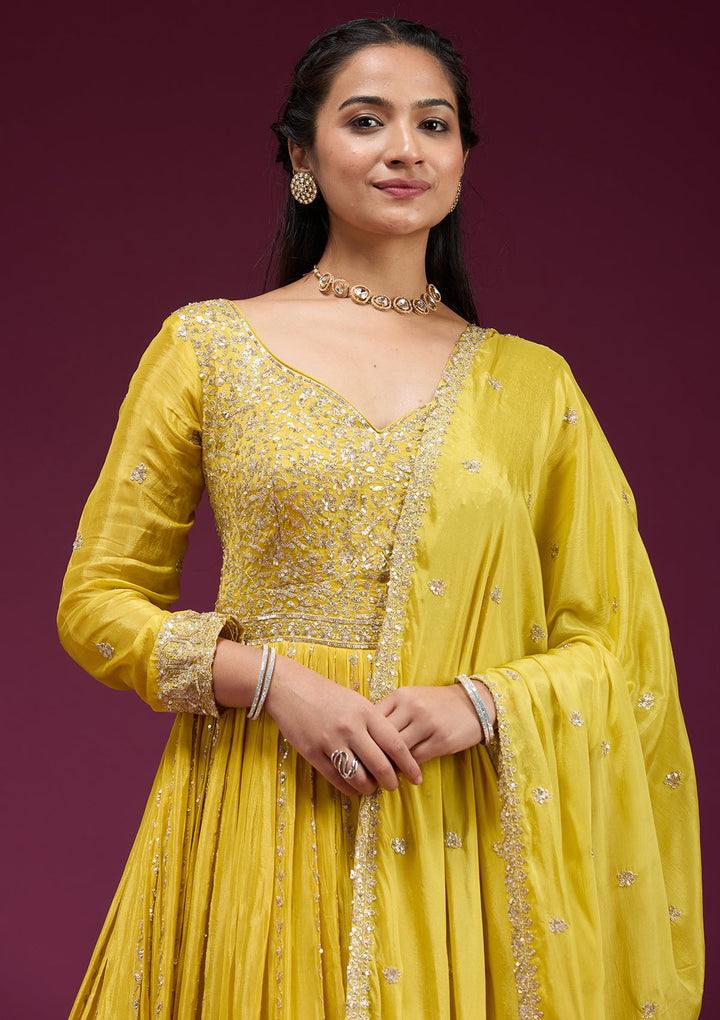 Yellow Sequins Crepe Readymade Salwar Suit_koskii