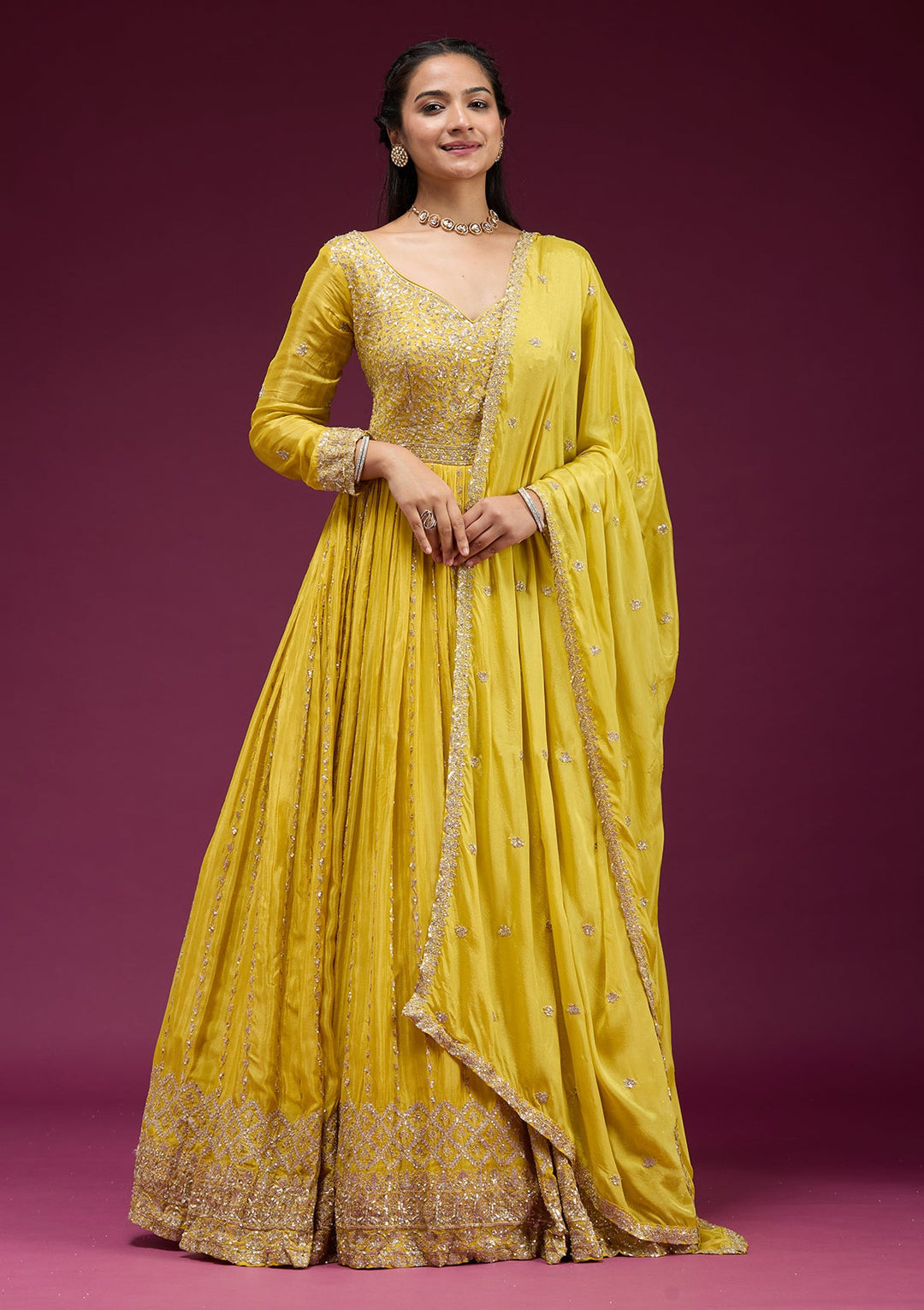 Yellow Sequins Crepe Readymade Salwar Suit_koskii