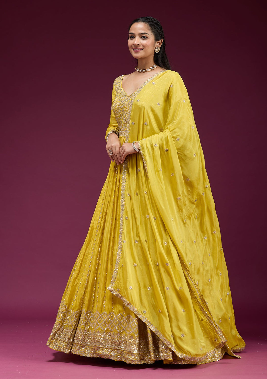 Yellow Sequins Crepe Readymade Salwar Suit_koskii
