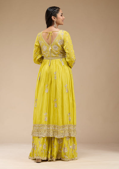 Lemon Yellow Sequins Soft Raw Silk Readymade Salwar Suit-koskii
