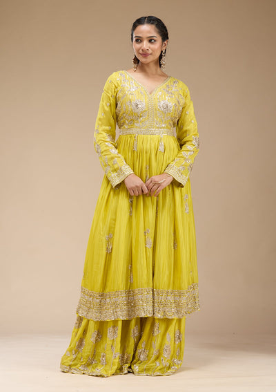 Lemon Yellow Sequins Soft Raw Silk Readymade Salwar Suit-koskii