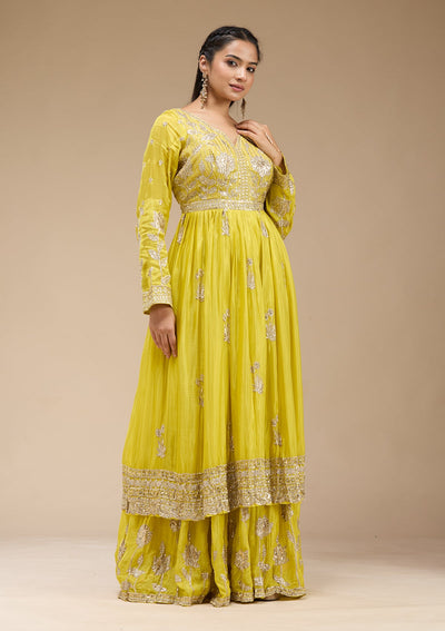 Lemon Yellow Sequins Soft Raw Silk Readymade Salwar Suit-koskii