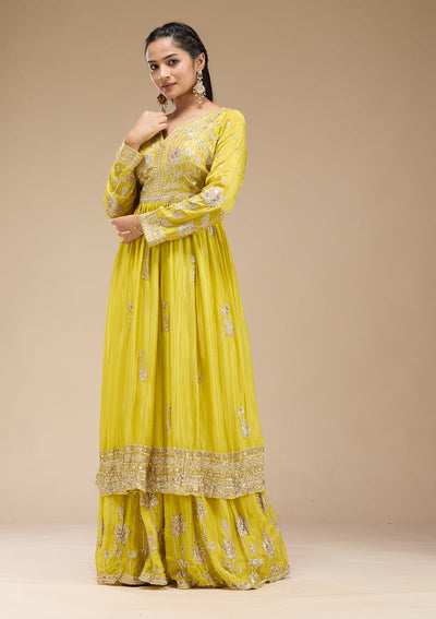 Lemon Yellow Sequins Soft Raw Silk Readymade Salwar Suit-koskii