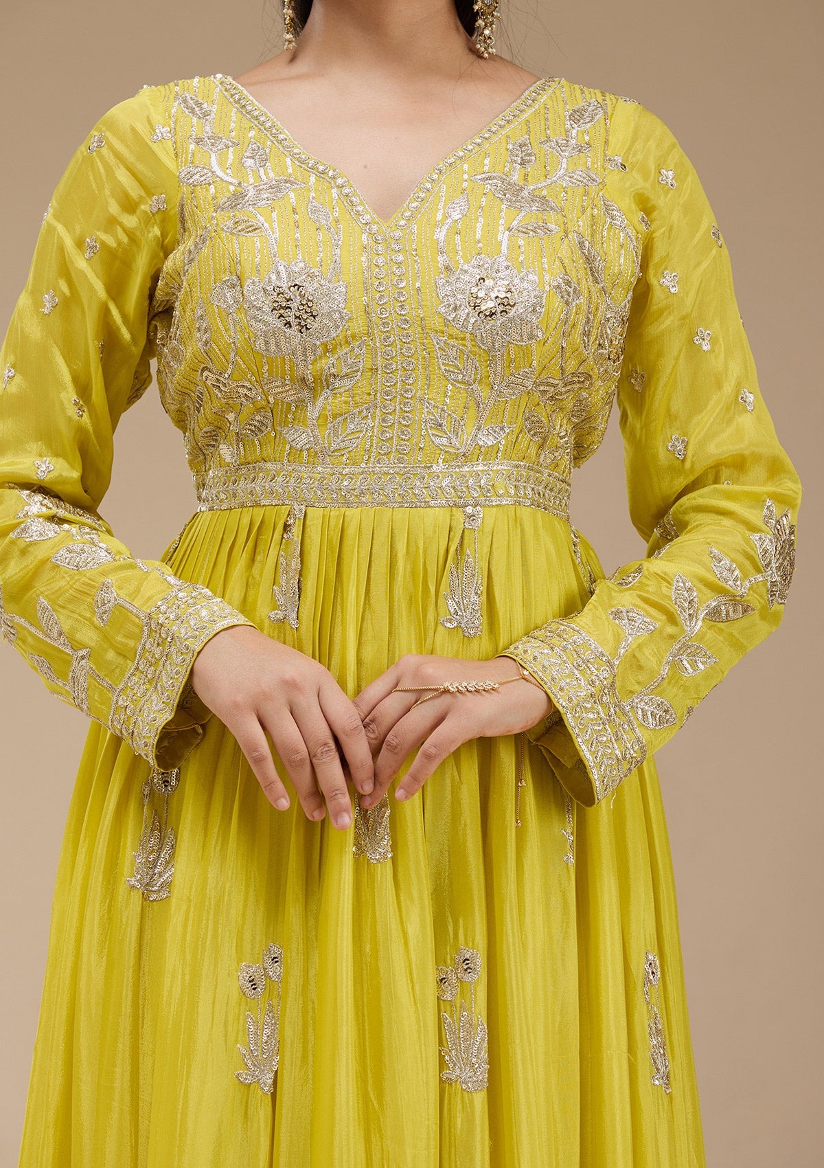 Lemon Yellow Sequins Soft Raw Silk Readymade Salwar Suit-koskii