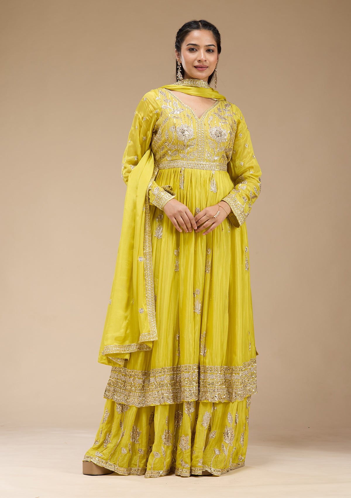 Lemon Yellow Sequins Soft Raw Silk Readymade Salwar Suit-koskii