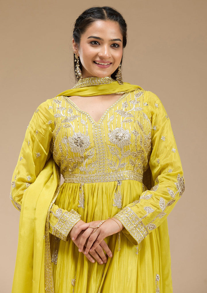Lemon Yellow Sequins Soft Raw Silk Readymade Salwar Suit-koskii