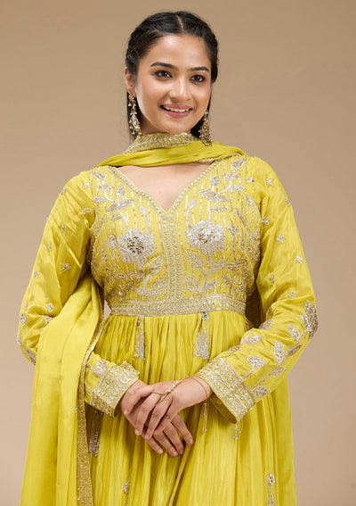 Lemon Yellow Sequins Soft Raw Silk Readymade Salwar Suit-koskii