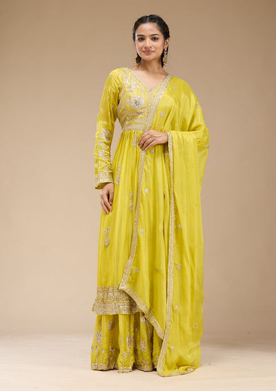 Lemon Yellow Sequins Soft Raw Silk Readymade Salwar Suit-koskii