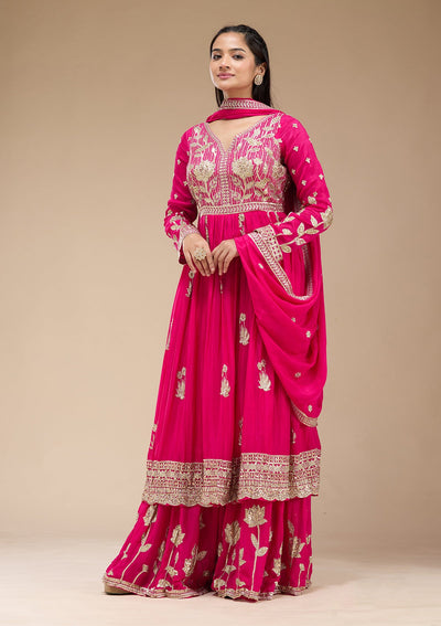 Magenta Pink Sequins Soft Raw Silk Readymade Salwar Suit-koskii