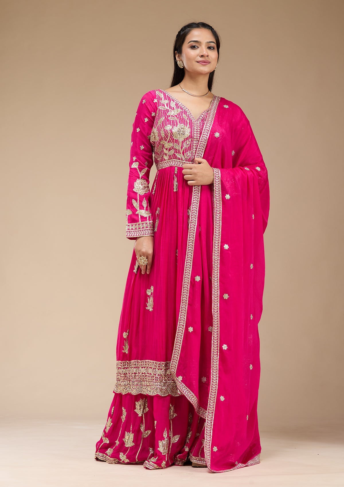 Magenta Pink Sequins Soft Raw Silk Readymade Salwar Suit-koskii