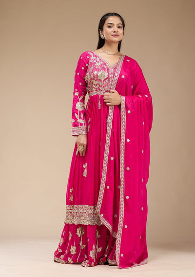 Magenta Pink Sequins Soft Raw Silk Readymade Salwar Suit-koskii